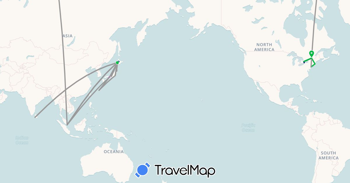 TravelMap itinerary: driving, bus, plane, train in Canada, Japan, Sri Lanka, Singapore, United States (Asia, North America)
